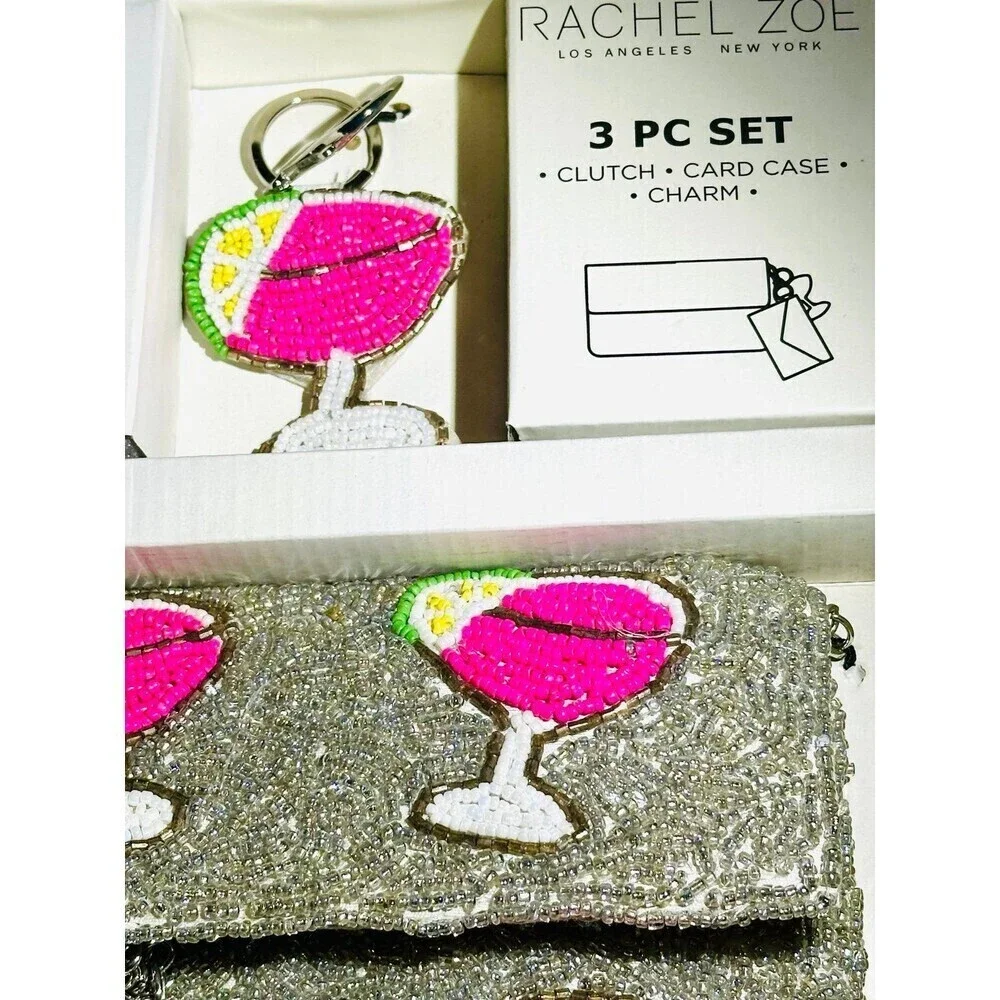 NWT RachelZoe Beaded 3pc set Margarita glass Clutch-Coin Purse & Keychain charm